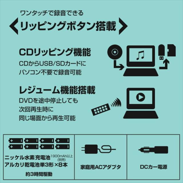 山善 ポータブル D V Dプレーヤー CPRM対応 9インチ フルセグチューナー内蔵 3WAY電源 AC/DC/乾電池 5時間連続再生 車載用バッグ付き 軽_2
