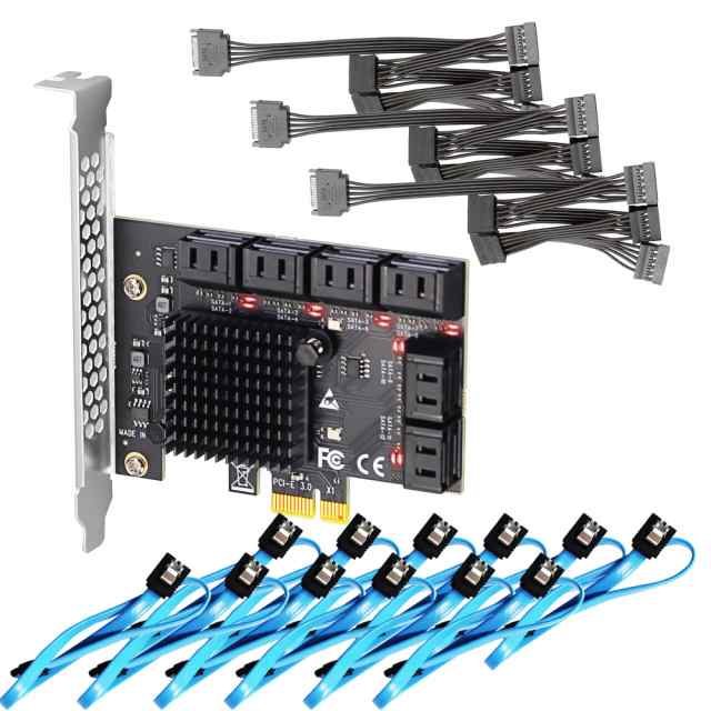 GLOTRENDS SA3112J 12ポートPCIe SATA3.0拡張カード、SATAケーブルおよび1:5 SATAスプリッタ電源ケーブル付属、Windows,Linux,Mac OS,NASの通販は