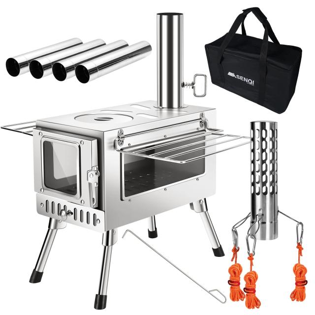 SENQI 薪ストーブ 折りたたみ キャンプ ３面の耐熱ガラス・煙突・スパークアレスター・グリッド棚付き コンパクト アウトドア ウッドスト