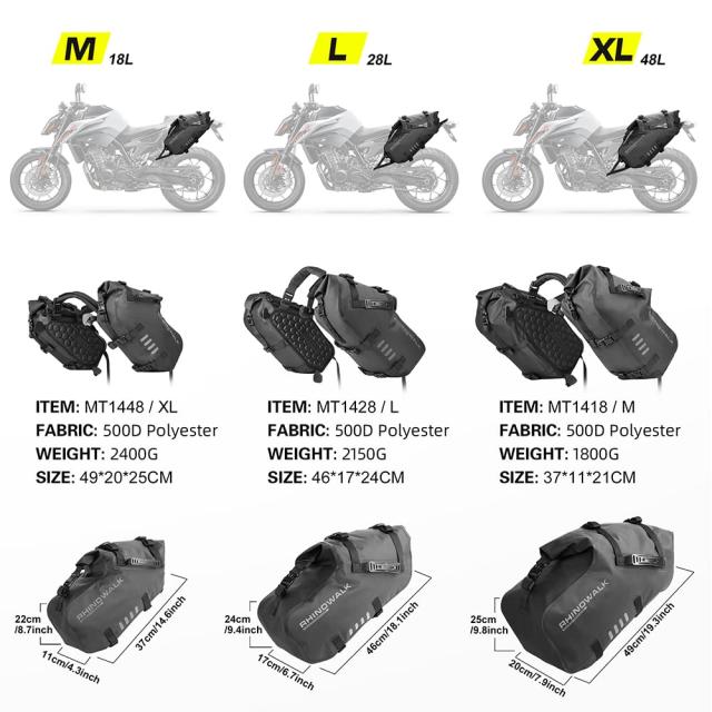 Rhinowalkオートバイのサドルバッグ防水防振モーターサイド