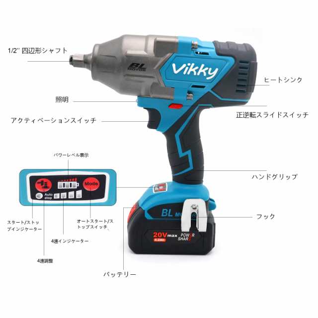 Vikky 20V 4.2Ah 1/2インチ、コードレスインパクトレンチキット、1500NM（1100 ft-lb）、1/2インチドライブ メトリックの通販は