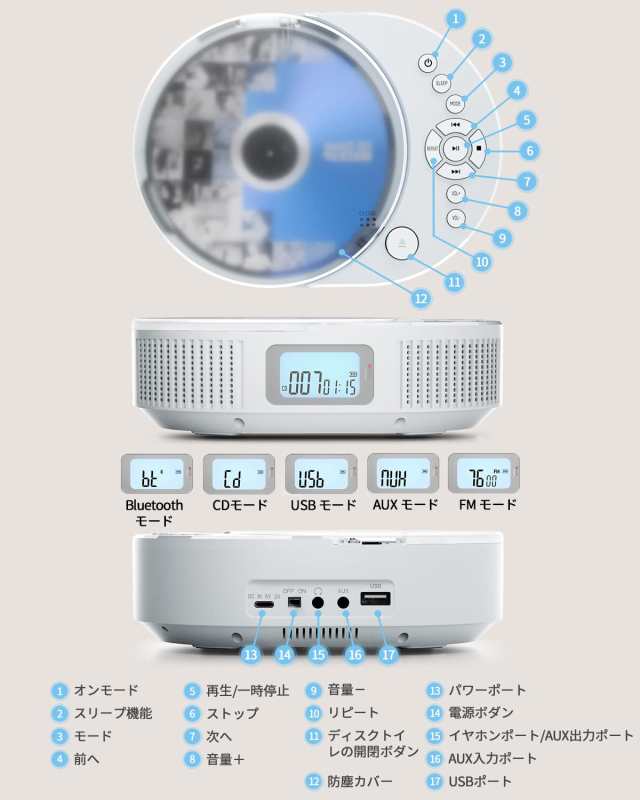 ポータブルCDプレーヤー FELEMAN CDプレーヤー Bluetoothスピーカー 