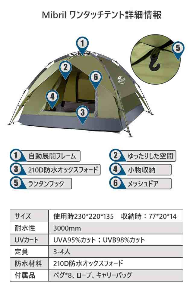 Mibril テント ワンタッチテント 3-4人用 10秒設営 UVカット加工 耐