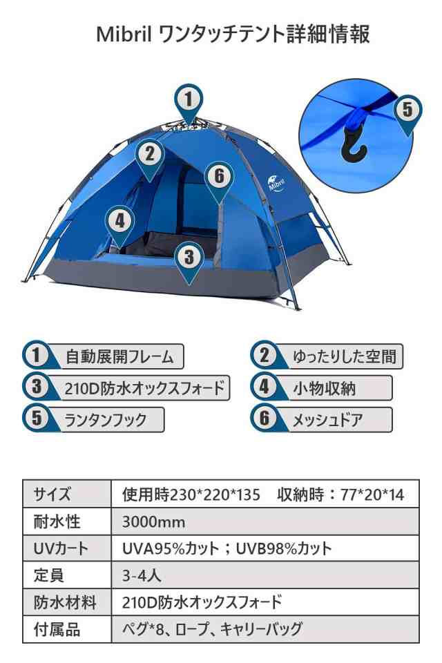 Mibril テント ワンタッチテント 3-4人用 10秒設営 UVカット加工 耐