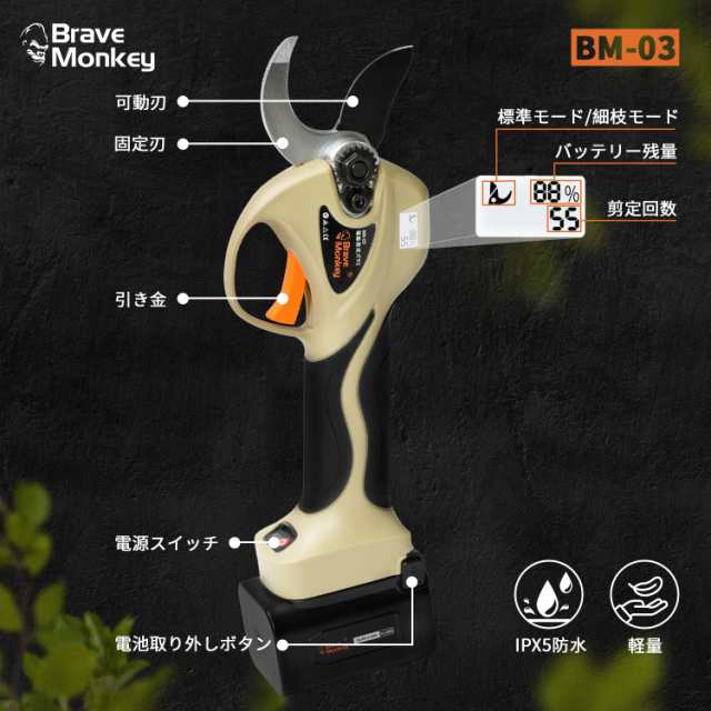 BraveMonkey 電動剪定バサミ 軽量 32MM切断径 充電式剪定バサミ トリガー連動機能 LEDディスプレイ搭載 コードレス 剪定ハサミ  フロン非の通販はau PAY マーケット - holly0211 | au PAY マーケット－通販サイト