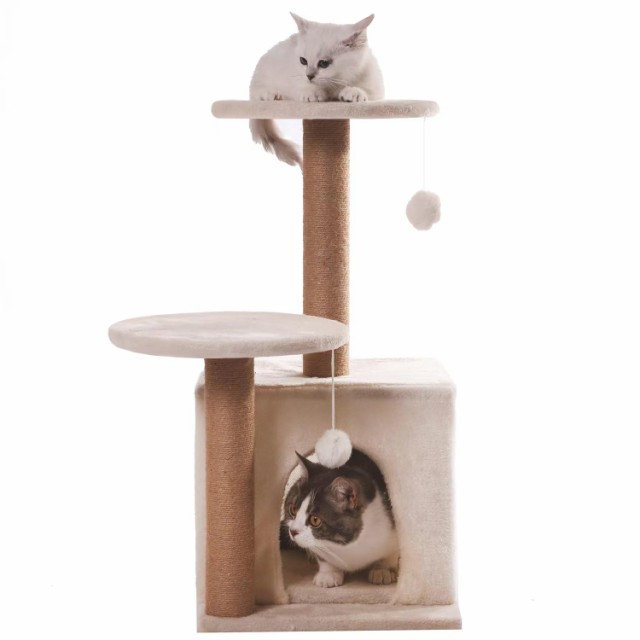 PETTOMANIA キャットタワー 小型 ミニタイプ 木製 猫タワー スリム 据え置き 多頭飼い 見晴台 ねこハウス ボンボン 麻紐 高さ68cm  耐荷重｜au PAY マーケット