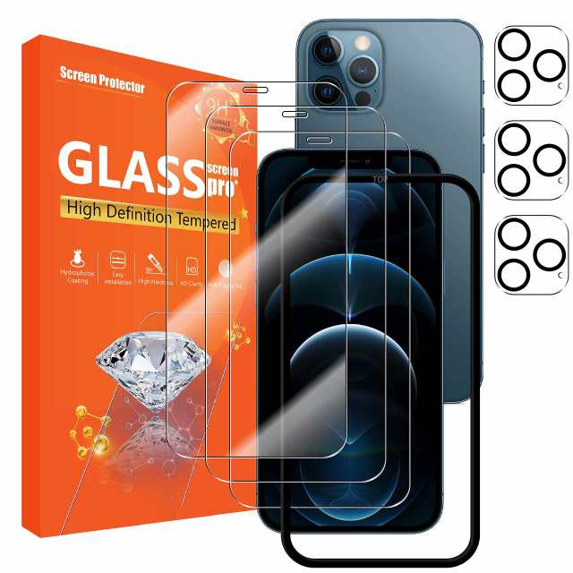 seninhi 3+3パック i Phone 12 Pro用 スクリーンプロテクター 3パック + カメラレンズプロテクター 3パック 強化ガラススクリーンプロテ