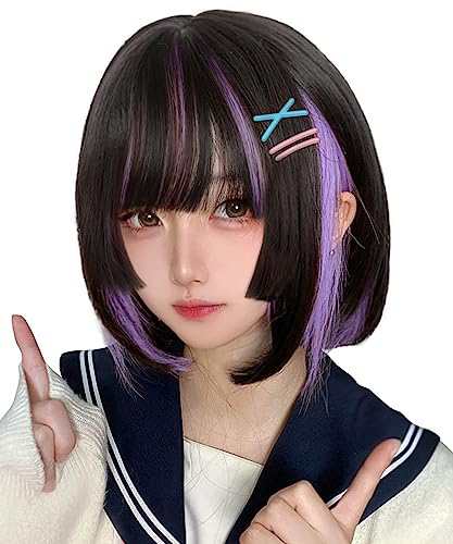 FORCUTEUウィッグ ボブ ショート 姫カット 黒髪 インナーカラー 紫