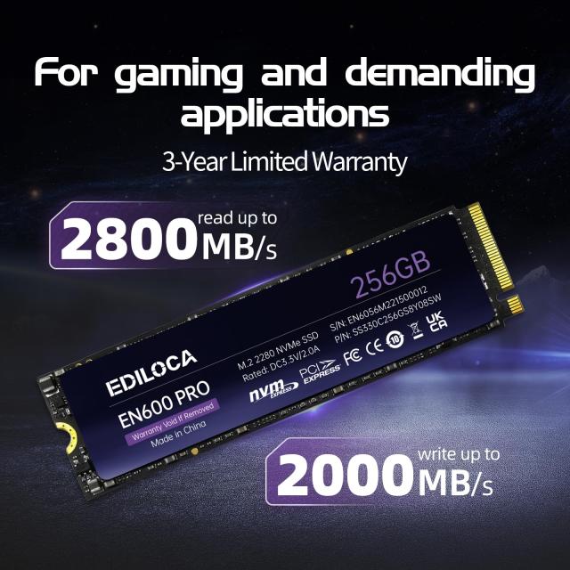 Ediloca EN600 PRO SSD 256GB PCle 3.0x4 NVMe M.2 2280 最大読込: 2800MB/s 最大書込：2000MB/s 内蔵SSD SLC キャッシュ 3D NAND TLC グ_1