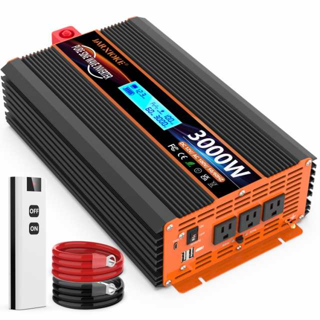 JARXIOKE 3000W インバーター 12V 100V 正弦波 DC12V-AC100Vに変換 車載非常用電源 AC出力コンセント×3 USBポート×2 TYPE-C×1 50Hz/60