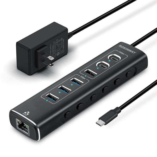 ROSONWAY USB ハブ10Gbps 7 in 1 LAN変換アダプター USB C 3.2x2 USB A 3.2x1 USB 3.0x3 アルミ製 USB HUB セルフパワーとバスパワー両用