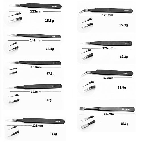 精密ピンセット9本セット(ESD10-17+34a) 収納袋付 ESD工業用ピンセット