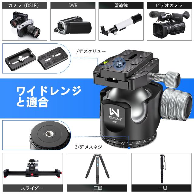 WEYLLAN 自由雲台 360°回転可能 大型ボール雲台 40KG 耐荷重 55mm チューブ径 ボール雲台 持ち運びが簡単 高い安定性 撮影/記録/観察/会の通販は