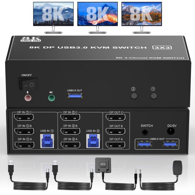 8K@60Hz USB3.0 Displayport KVM スイッチ トリプル モニター (2台PC用) Displayport KVM スイッチ 3 モニター 2PC オーディオおよび 3 の通販は 8,289円