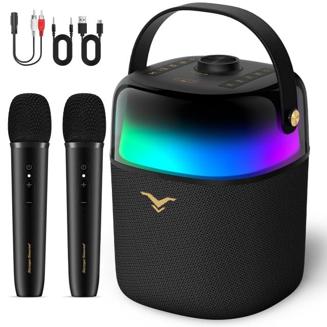 カラオケセット 家庭用 ポータブルBluetoothスピーカーセット ワイヤレスマイク2本付き 最大80W出力 高低音強化 LEDライト搭載 簡単操作 13,039円