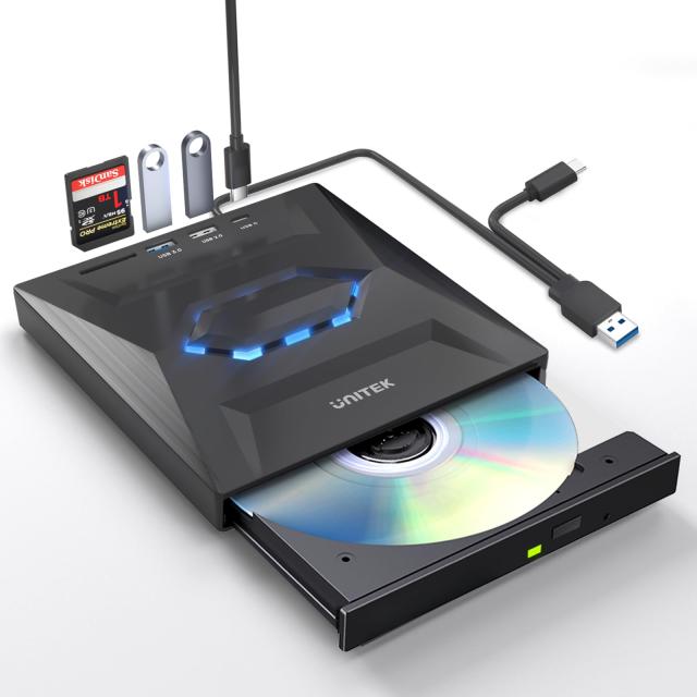 Unitek ライト点灯改良バージョン ゲーム機式 多機能 外付けCD・D V Dドライブ USBハブ機能搭載 USB 3.0/Type Cポート付き ポータブルドラ