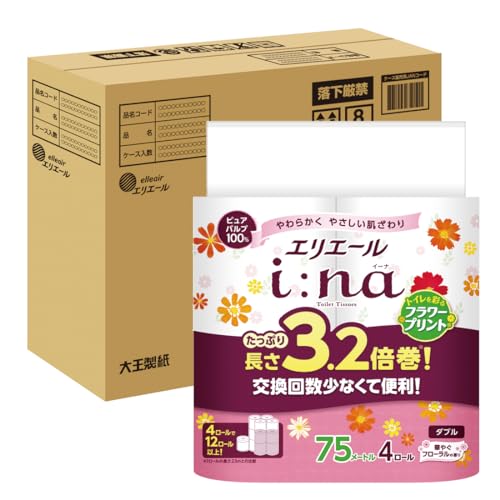 エリエール トイレットペーパー i:na(イーナ) フラ ワープリント 3.2倍巻き 75m×32ロール(4ロール×8パック) ダブル パルプ100% 華やか