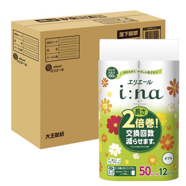 【ネット限定】 エリエール トイレットペーパー i:na(イーナ) 2倍巻き 50m×36ロール(12ロール×3パック) ダブル パルプ100% 華や