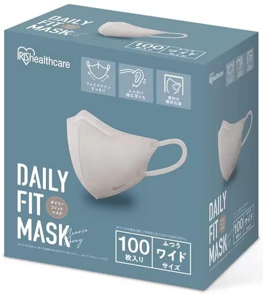 アイリスオーヤマ デイリーフィット マスク 立体 ふつう ワイドサイズ 100枚 耳紐 8mm 個包装 ニュアンスグレー