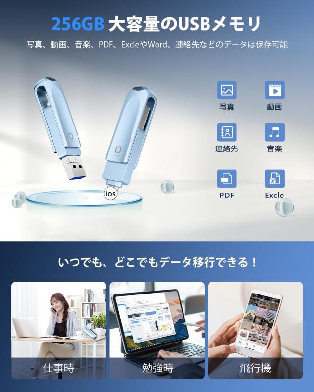 256GB 4in1 Phone用 usbメモリー ipad pro/ipad air対応Android PC 人気 USB 両面挿し スマ 2024年登場4in1 iPhone対応 USBメモリ 256GB iPad対応 usbメモリー