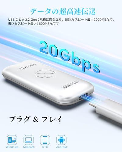iDiskk 外付けSSD 256GB USB3.2 Gen2*2 読込み最大2000MB/秒 (20Gbps) 超高速軽量小型 ポータブル 外部SSDドライブ・ストレージ Type-C/U_1