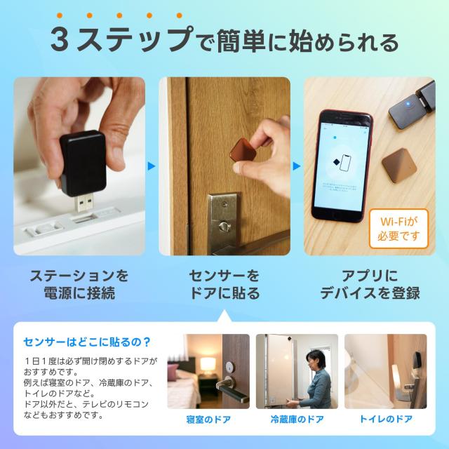 ひとり暮らしのおまもり 高齢者の見守り 小型センサー 動きが無い時だけお知らせ 工事不要 利用料無し スマホに通知 帰省のお供に モーシ_3