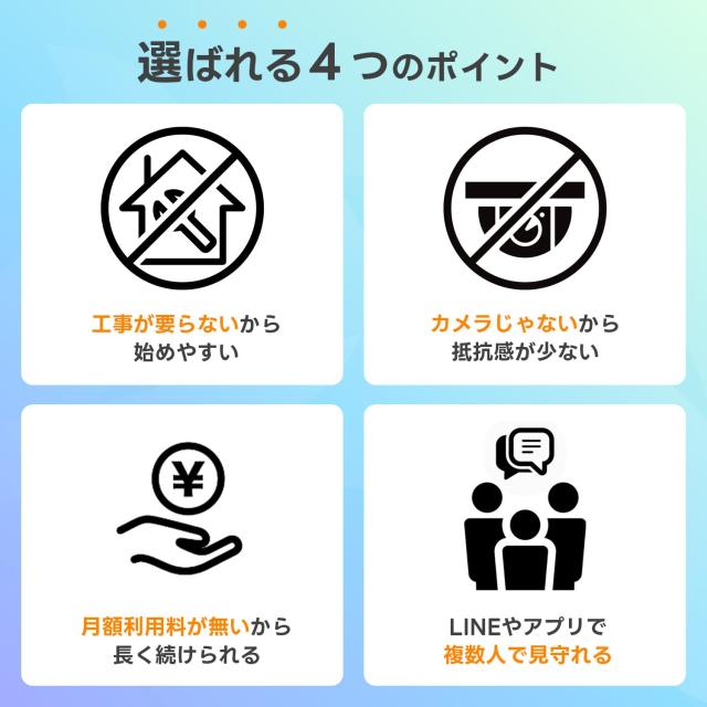 ひとり暮らしのおまもり 高齢者の見守り 小型センサー 動きが無い時だけお知らせ 工事不要 利用料無し スマホに通知 帰省のお供に モーシ_4