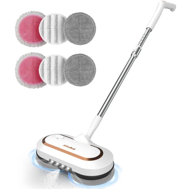 AlfaBot 電動モップ 回転モップクリーナー 水噴射 LED搭載 拭き掃除 水拭き 長さ調整可能 床拭き 充電式 多角度転換 自立式 パッド6枚入