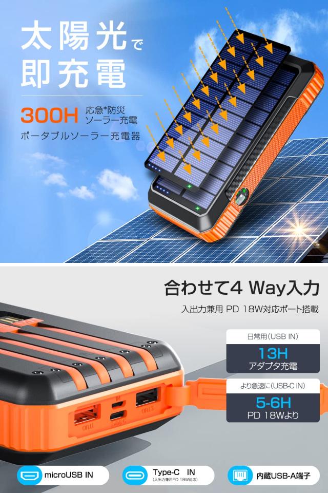 【2024革新版 22.5W/PD18W急速充電】 ソーラーモバイルバッテリー 40800mAh 大容量 モバイルバッテリー 6台同時充電 ケーブル内蔵 ソーラの通販は 【2024革新版 22.5W/PD18W急速充電】 ソーラーモバイルバッテリー 40800mAh 大容量 モバイルバッテリー 6台同時充電 ケーブル内蔵 ソーラの通販は