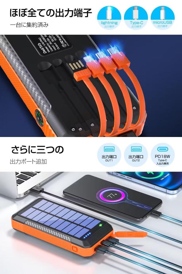 【2024革新版 22.5W/PD18W急速充電】 ソーラーモバイルバッテリー 40800mAh 大容量 モバイルバッテリー 6台同時充電 ケーブル内蔵 ソーラの通販は 【2024革新版 22.5W/PD18W急速充電】 ソーラーモバイルバッテリー 40800mAh 大容量 モバイルバッテリー 6台同時充電 ケーブル内蔵 ソーラの通販は