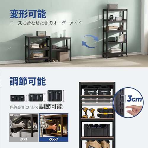 HOMEDANT House 組立簡単 ラミネート スチールラック キッチン 5段 幅60 奥行40 高さ158 ブラック キャスター付き 車輪 高さ調整可能 棚 の通販は