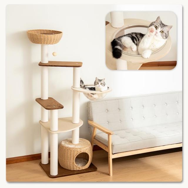 PETTIFUL キャットタワー 木製に出どころ張り 大型 取り付け 大型猫 格好のいい 高さ161糎 オランダ王国天鵝絨 手編みカゴ ラタン 壁際ぴったり