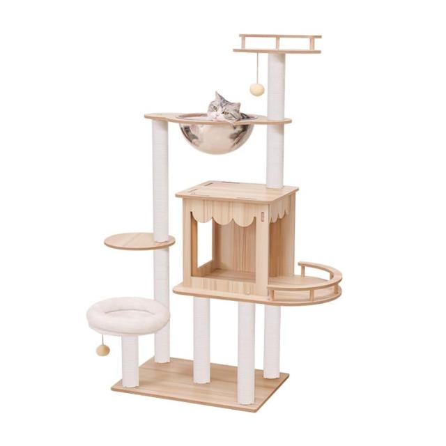 PETTIFUL キャットタワー 木製 据え置き おしゃれ シニア 大型猫 宇宙船 クリアボウル 大型 安定性高い どっしり インテリアに馴染み イ