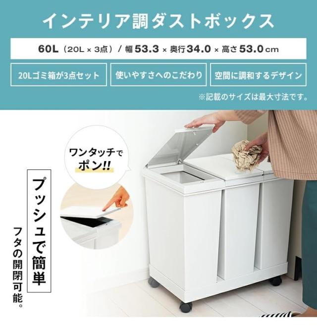 アスベル ゴミ箱 フタ付 プッシュ式 20L×3 日本製 横型 ワゴン 3分別