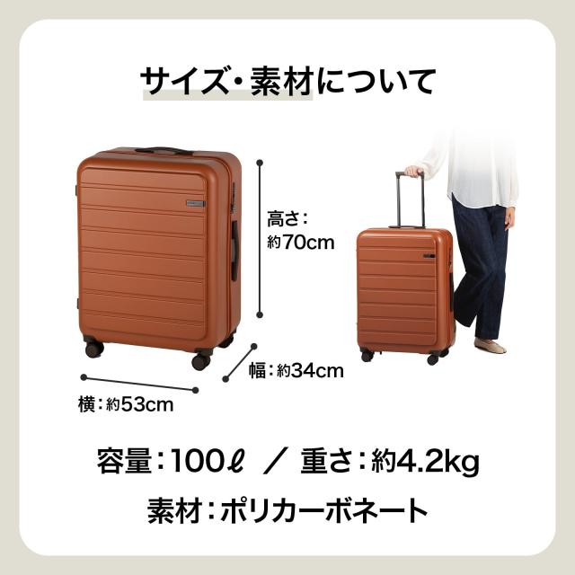 エース スーツケース 大型 大容量 ｌサイズ 7泊8日 8泊9日 9泊10日 100L キャスターストッパー 4.2kg キャリーケース キャリーバッグ フ
