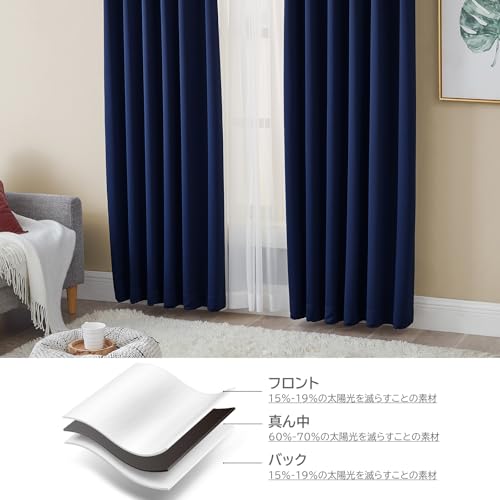 Hansleep カーテン 1級遮光 4枚組 セット ネイビー 幅150cm丈178cm UVカット 断熱 防寒 防音 省エネ 厚手 無地 おしゃれ 洗える 寝室 リ_6