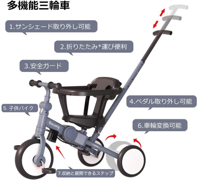 Bacany 子供用三輪車 7in1 三輪車 ステップ付き 折りたたみ 手押し棒