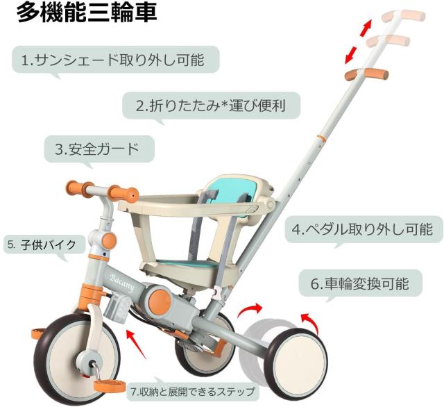 Bacany 子供用三輪車 7in1 三輪車 ステップ付き 折りたたみ 手押し棒