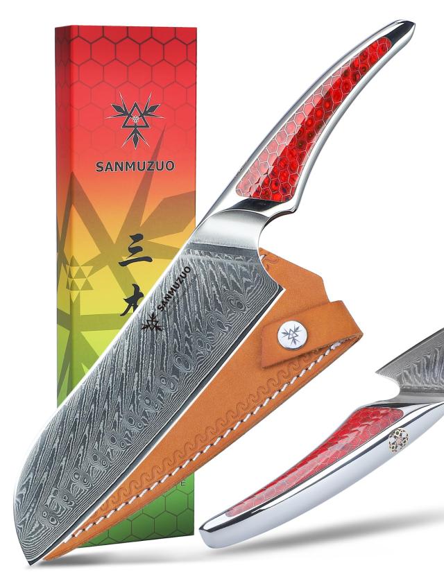 SANMUZUO 7 インチ 三徳包丁、超鋭利ダマスカス鋼シェフナイフ、フルタングハンドル付きキッチンナイフ、レッドレジン、 LA-S9 シリーズの通販は