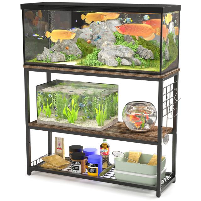 DEWEL 水槽台 幅90cm 水槽棚 水槽スタンド 90cm水槽用 組立式水槽台 ラック ウッドデコスタンド 三段式 中棚板高さ調整 フック付き 総耐