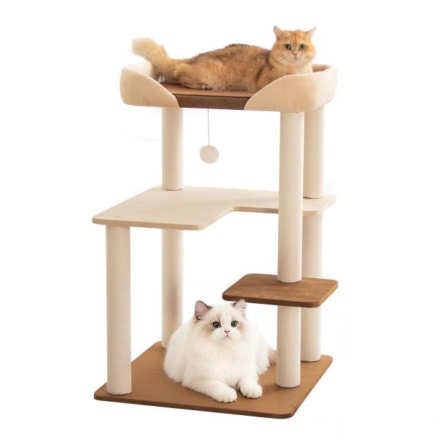 LULUCAT キャットタワー 据え置き おしゃれ クッション入りベッド 巨大土台 多頭飼い コンパクト シニア猫 冬夏兼用 夏用ござ付き 大型猫