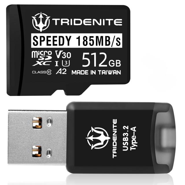 TRIDENITE 185MB/s SPEEDY MicroSD 512GB + DDR200 カードリーダー, USB 3.2 Type-A MicroSD用 小型OTG 外付メモリカードリーダー アダプ