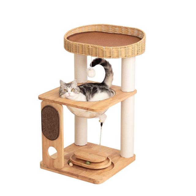 LULUCAT 【コンパクトで多機能】 キャットタワー 木製 据え置き 宇宙船 省スペース 高さ81cm 回転ボール スリム コーナー 天然木 おしゃ