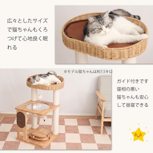 LULUCAT 【コンパクトで多機能】 キャットタワー 木製 据え置き 宇宙船 省スペース 高さ81cm 回転ボール スリム コーナー 天然木 おしゃ_4