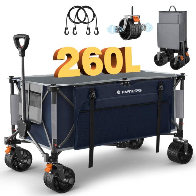 Raynesys キャリーワゴン 大容量260L 耐荷重200kg アウトドアワゴン 折り畳み式キャンプカート ワンタッチ収束式 自立収納 静音 ブレーキ