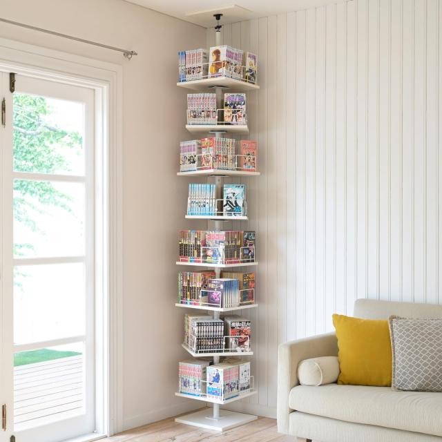 本棚 突っ張り 回転式本棚 つっぱり棚 回転 大容量 全体耐荷重120kg 山善 本棚 突っ張り 回転式本棚 つっぱり棚 回転 大容量 全体耐荷重