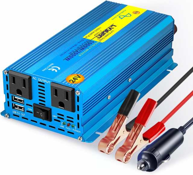 LVYUAN（リョクエン）インバーター 正弦波 24V 1000W 最大 2000W DC 24V（直流） AC100V（交流） 変換 AC コンセント×2、USBソケット×2の通販は 12,365円