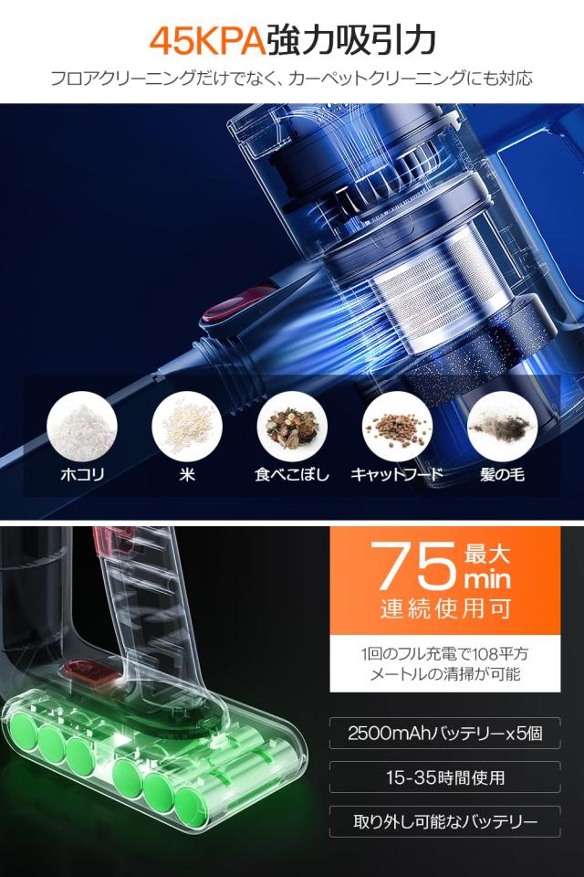 掃除機 コードレス スティッククリーナー 【45000pa強力吸引＆75分連続稼働】 LCD液晶ディスプレイ 壁掛けブラケット＆アダプター付き ハンの通販は