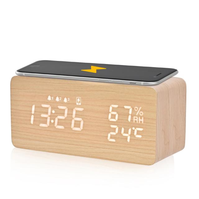 Electime 目覚まし時計 置き時計 スマホ充電 デジタル 多機能 木目 卓上 Qiワイヤレス充電器 温度/湿度/アラーム 自動輝度調節 自動調光