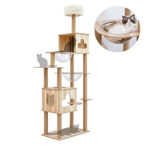 ◆商品名：Shinyever キャットタワー 木製 猫タワー 透明ボウル 宇宙船付き 高さ約192cm 多頭飼い 猫ハウス 角丸加工 掃除簡単 多ステップ 階段付きよろず兎の小包です。数ある出品の中か
